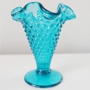 Vintage Fenton Blue Hobnail Vase Ruffled Edge